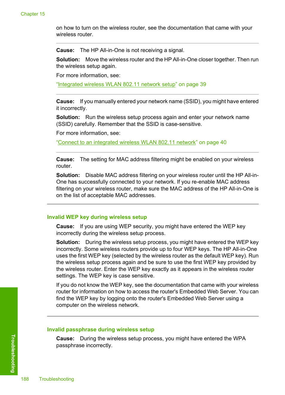 Invalid wep key during wireless setup, Invalid passphrase during wireless setup | HP Photosmart C7200 Series User Manual | Page 189 / 309