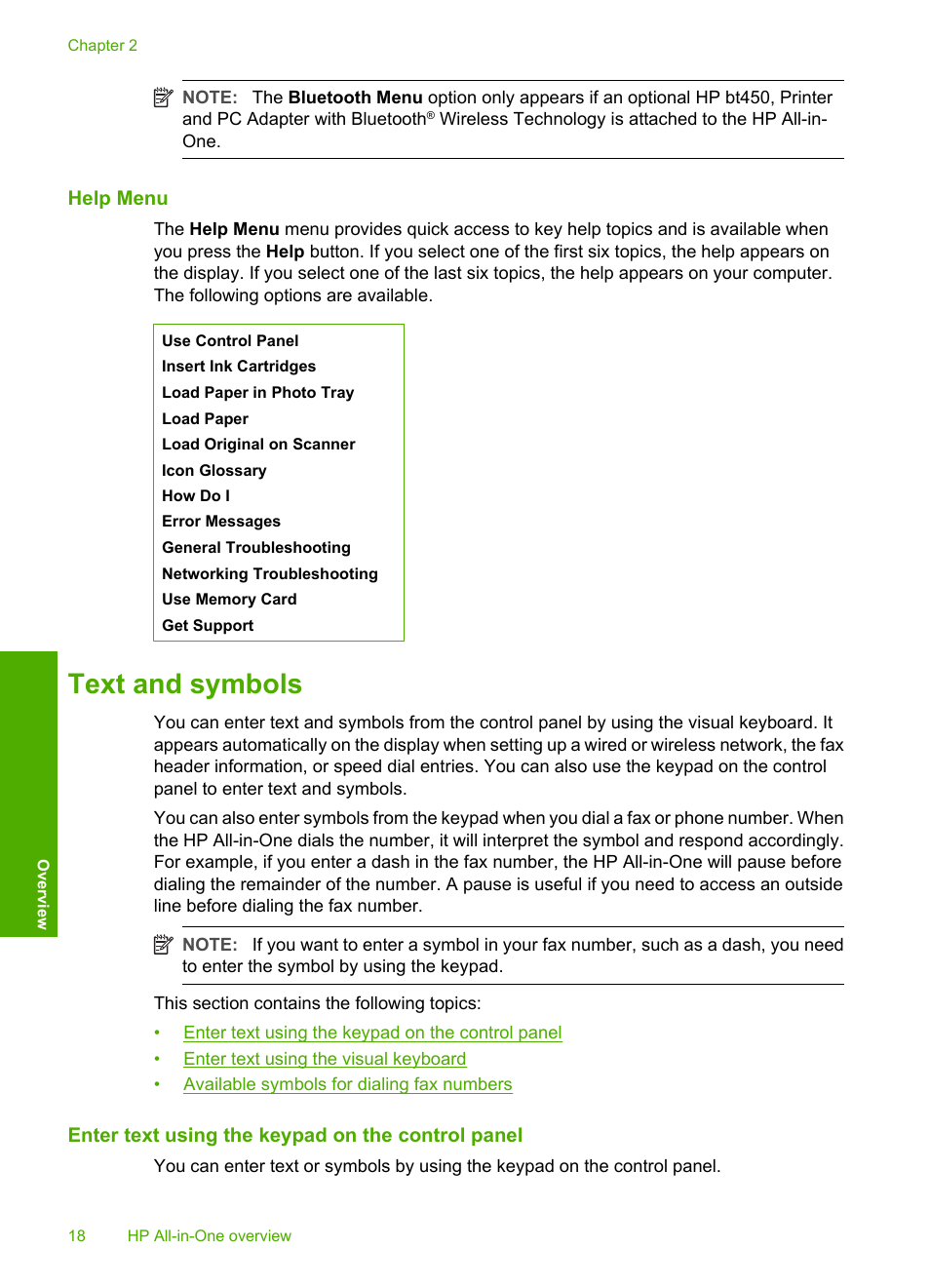 Help menu, Text and symbols, Enter text using the keypad on the control panel | HP Photosmart C7200 Series User Manual | Page 19 / 309