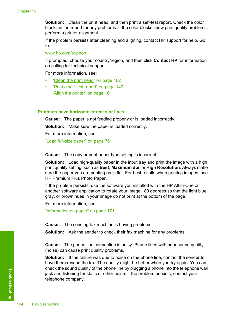 Printouts have horizontal streaks or lines | HP Photosmart C7200 Series User Manual | Page 195 / 309