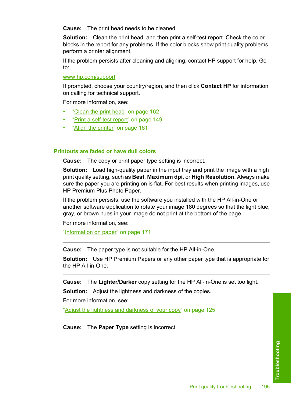 Printouts are faded or have dull colors | HP Photosmart C7200 Series User Manual | Page 196 / 309