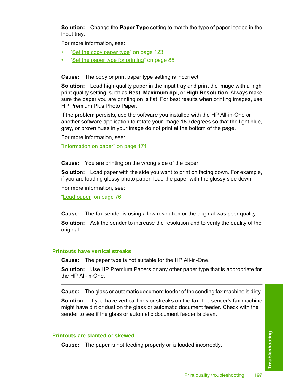 Printouts have vertical streaks, Printouts are slanted or skewed | HP Photosmart C7200 Series User Manual | Page 198 / 309