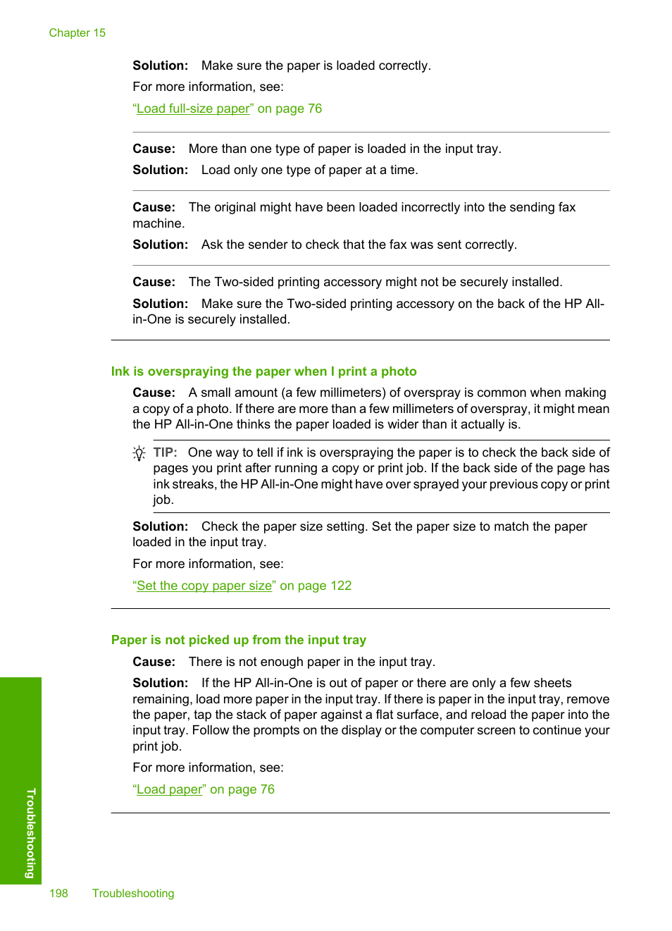 Ink is overspraying the paper when i print a photo, Paper is not picked up from the input tray | HP Photosmart C7200 Series User Manual | Page 199 / 309