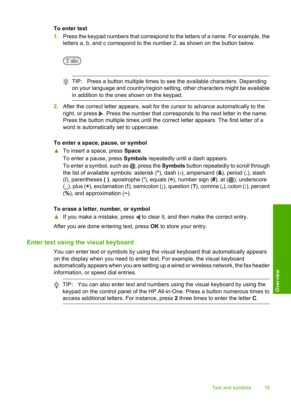 Enter text using the visual keyboard | HP Photosmart C7200 Series User Manual | Page 20 / 309