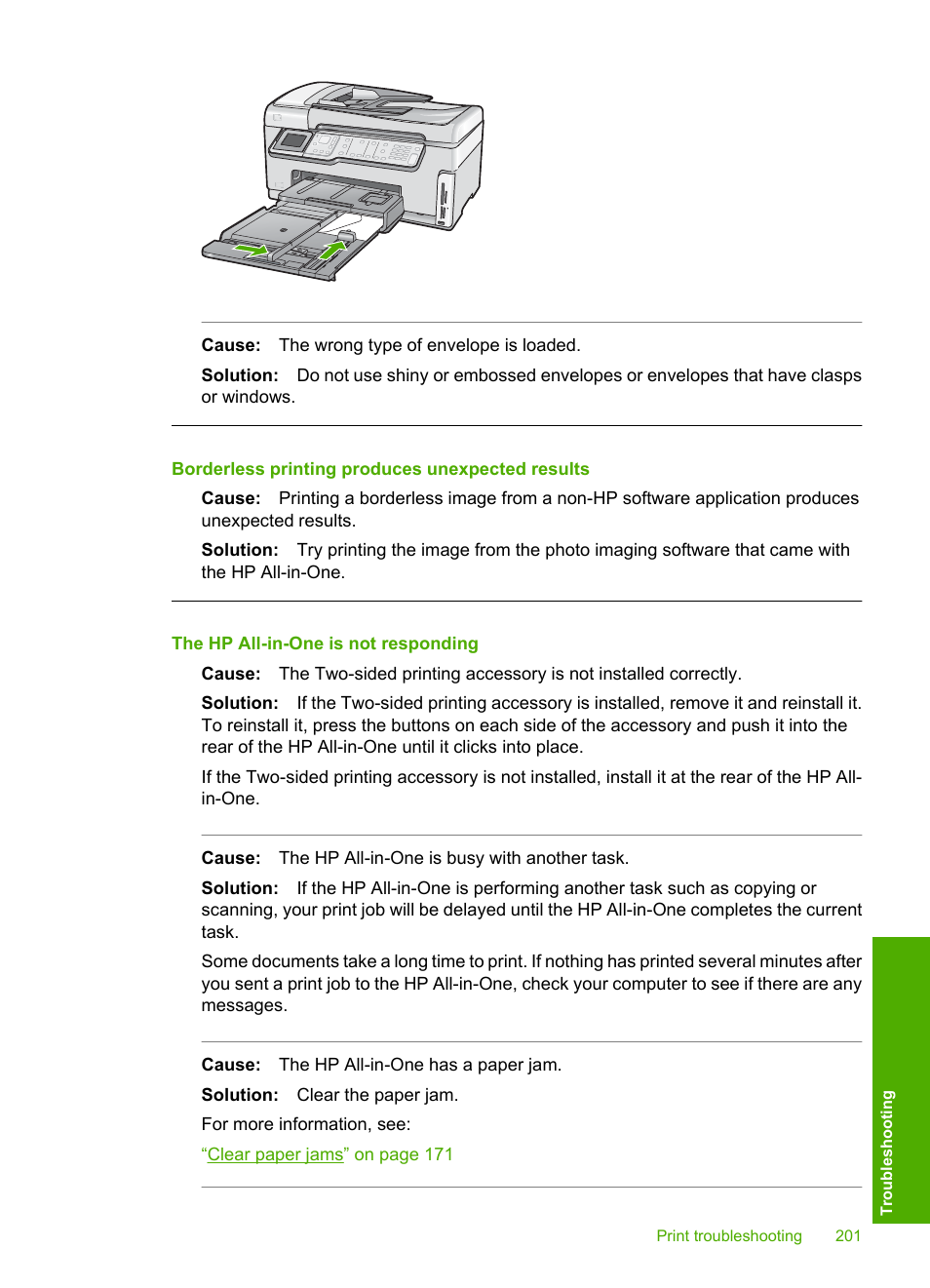 Borderless printing produces unexpected results, The hp all-in-one is not responding | HP Photosmart C7200 Series User Manual | Page 202 / 309