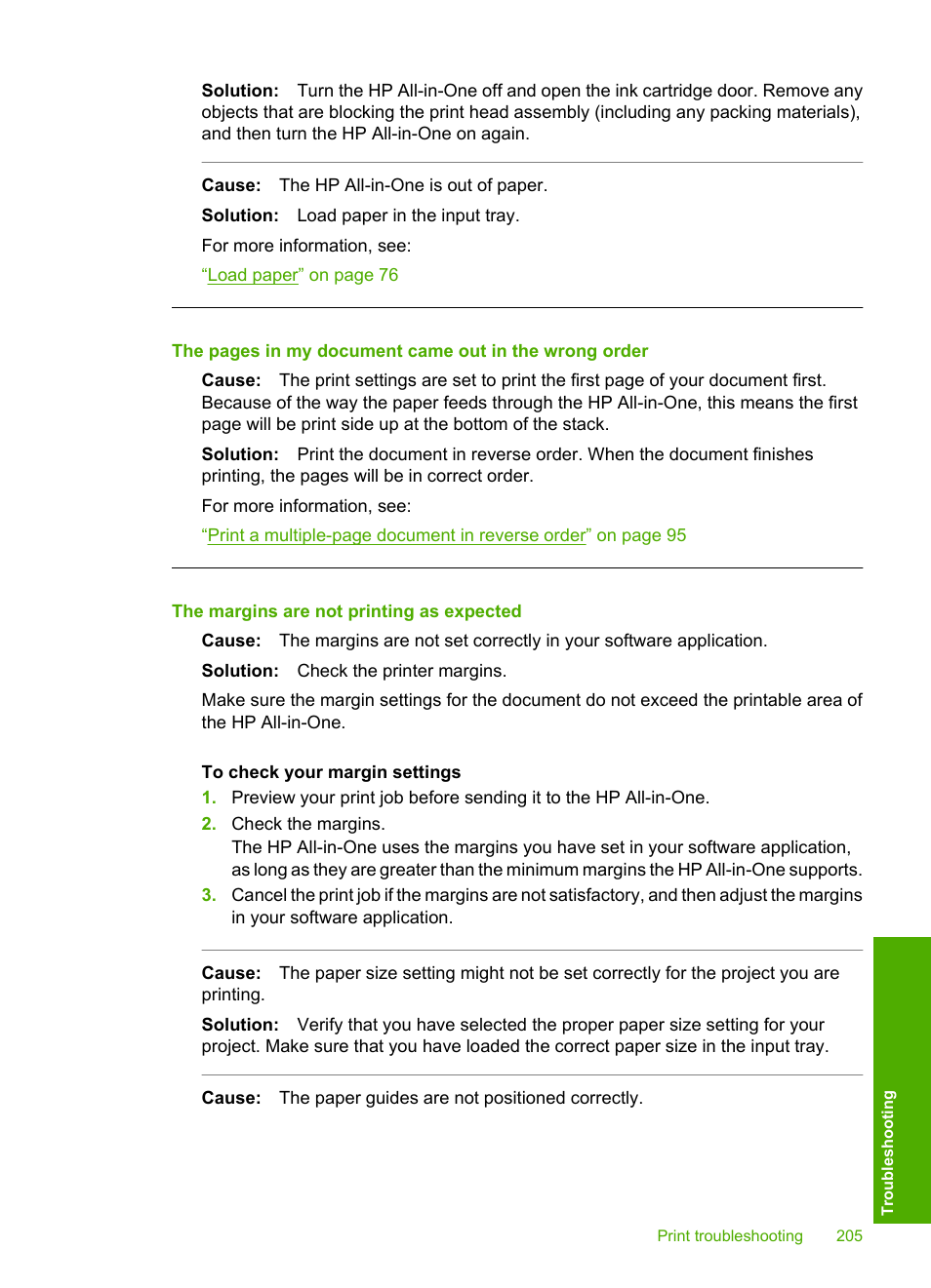 The margins are not printing as expected | HP Photosmart C7200 Series User Manual | Page 206 / 309