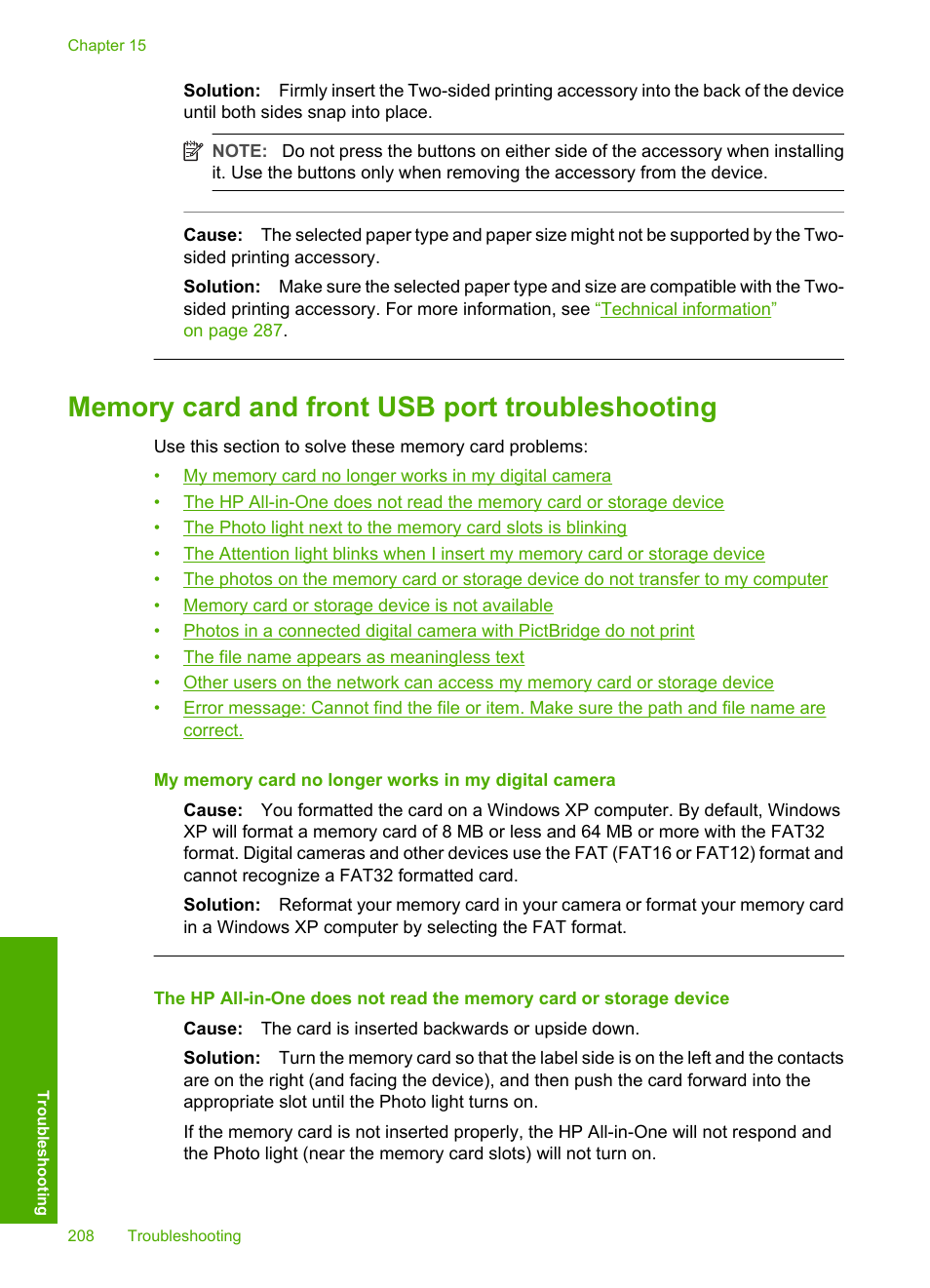 Memory card and front usb port troubleshooting, Ra, or storage device, see, Memory card and front | HP Photosmart C7200 Series User Manual | Page 209 / 309