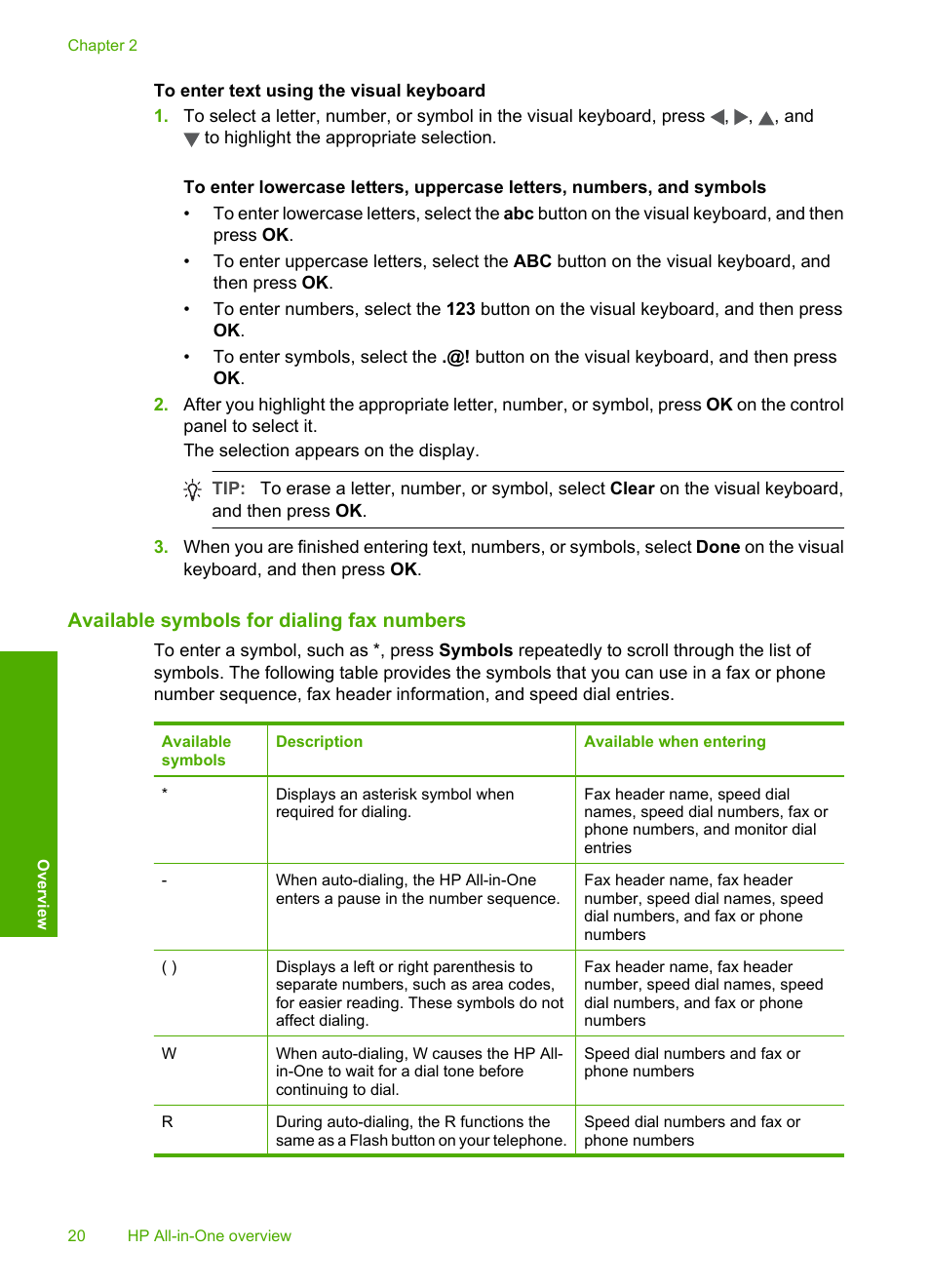 Available symbols for dialing fax numbers | HP Photosmart C7200 Series User Manual | Page 21 / 309