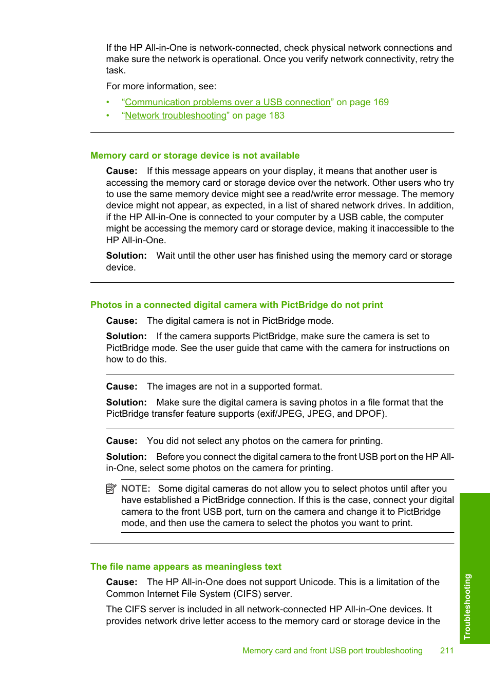 Memory card or storage device is not available, The file name appears as meaningless text | HP Photosmart C7200 Series User Manual | Page 212 / 309