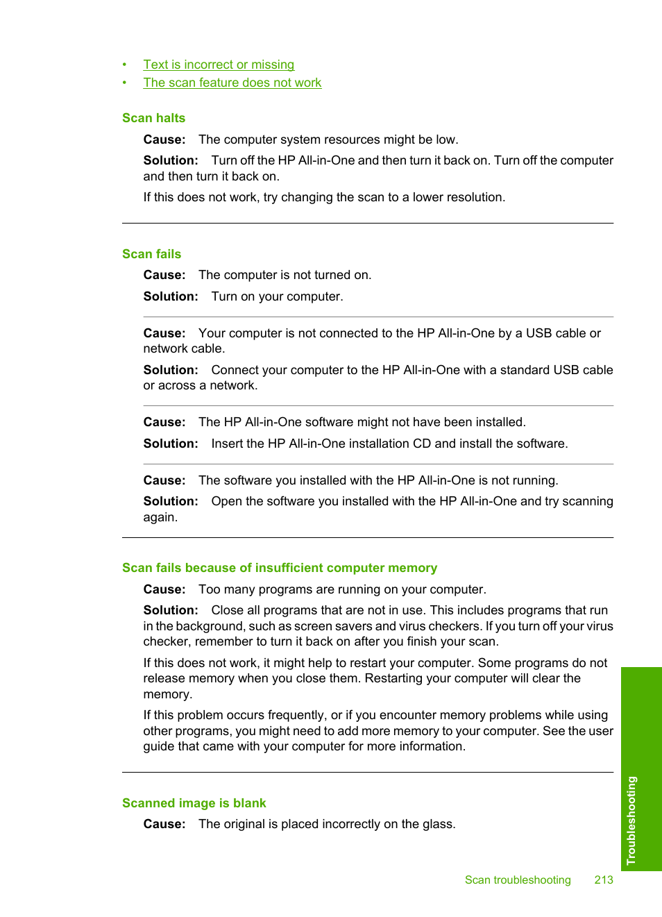 Scan halts, Scan fails, Scan fails because of insufficient computer memory | Scanned image is blank | HP Photosmart C7200 Series User Manual | Page 214 / 309