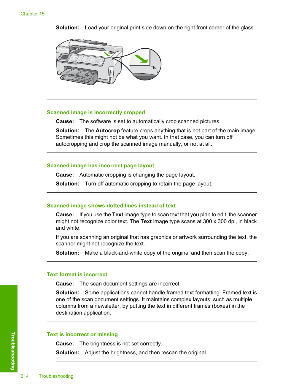 Scanned image is incorrectly cropped, Scanned image shows dotted lines instead of text, Text format is incorrect | HP Photosmart C7200 Series User Manual | Page 215 / 309