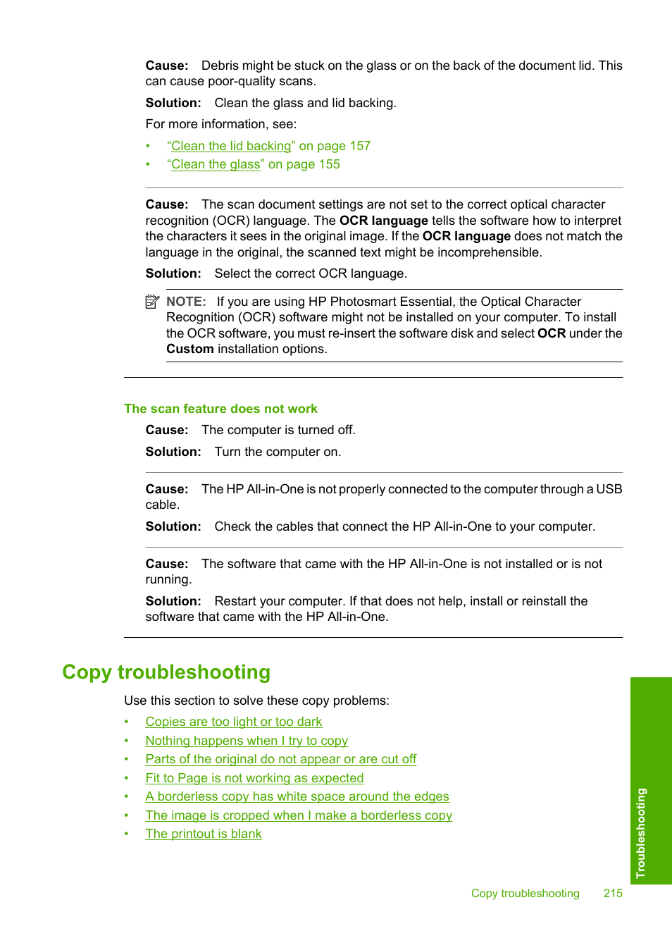 Copy troubleshooting | HP Photosmart C7200 Series User Manual | Page 216 / 309