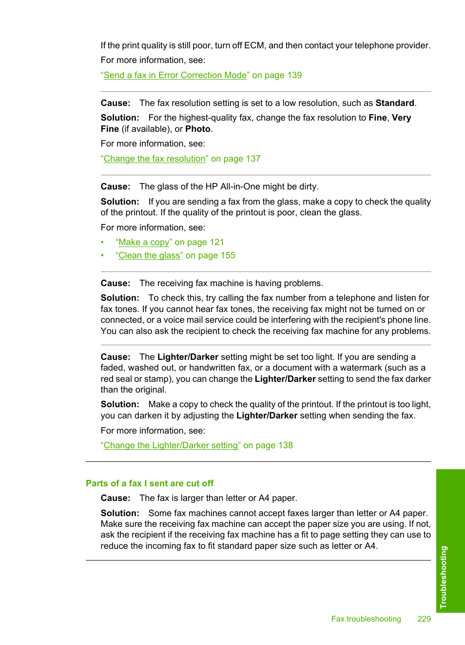 Parts of a fax i sent are cut off | HP Photosmart C7200 Series User Manual | Page 230 / 309