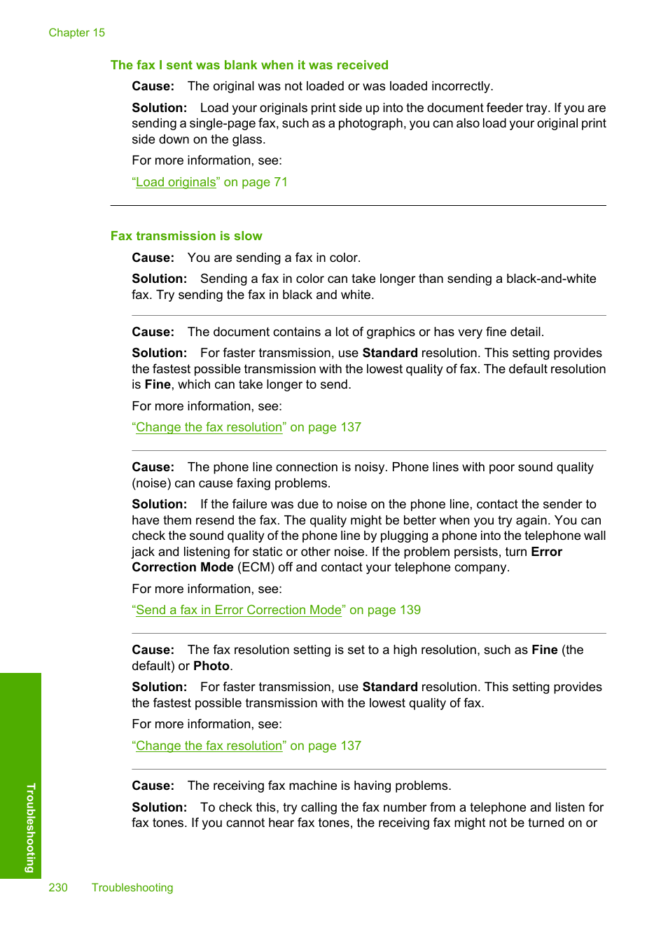 The fax i sent was blank when it was received, Fax transmission is slow | HP Photosmart C7200 Series User Manual | Page 231 / 309