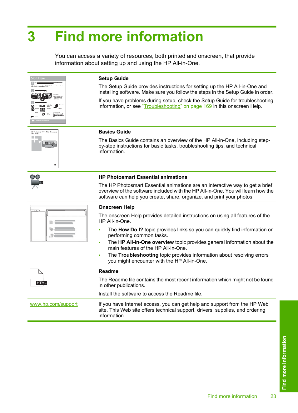 Find more information, 3 find more information, 3find more information | HP Photosmart C7200 Series User Manual | Page 24 / 309
