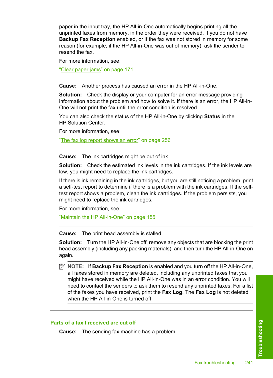 Parts of a fax i received are cut off | HP Photosmart C7200 Series User Manual | Page 242 / 309