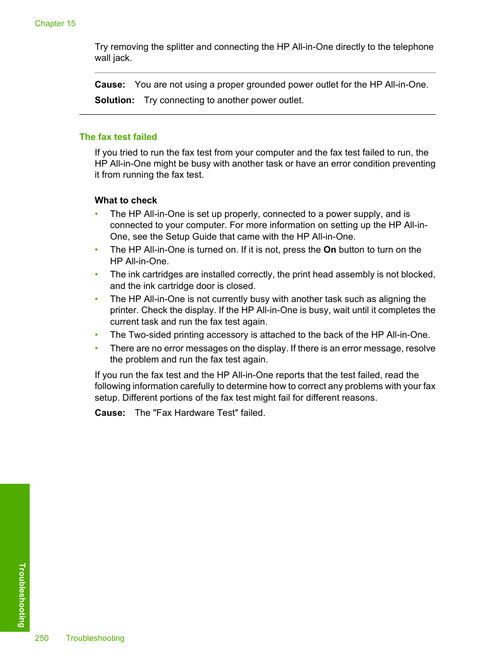 The fax test failed | HP Photosmart C7200 Series User Manual | Page 251 / 309