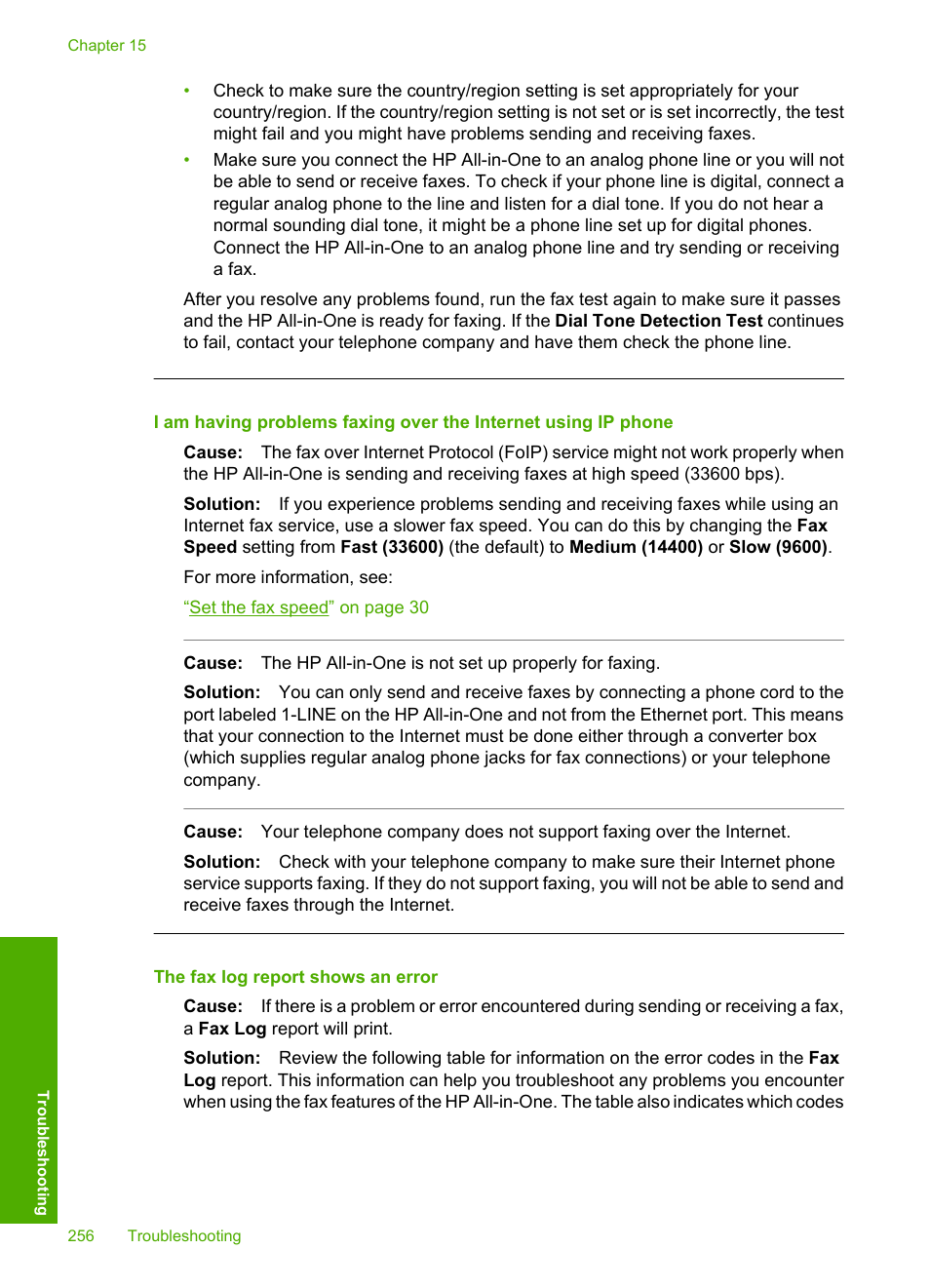 The fax log report shows an error | HP Photosmart C7200 Series User Manual | Page 257 / 309