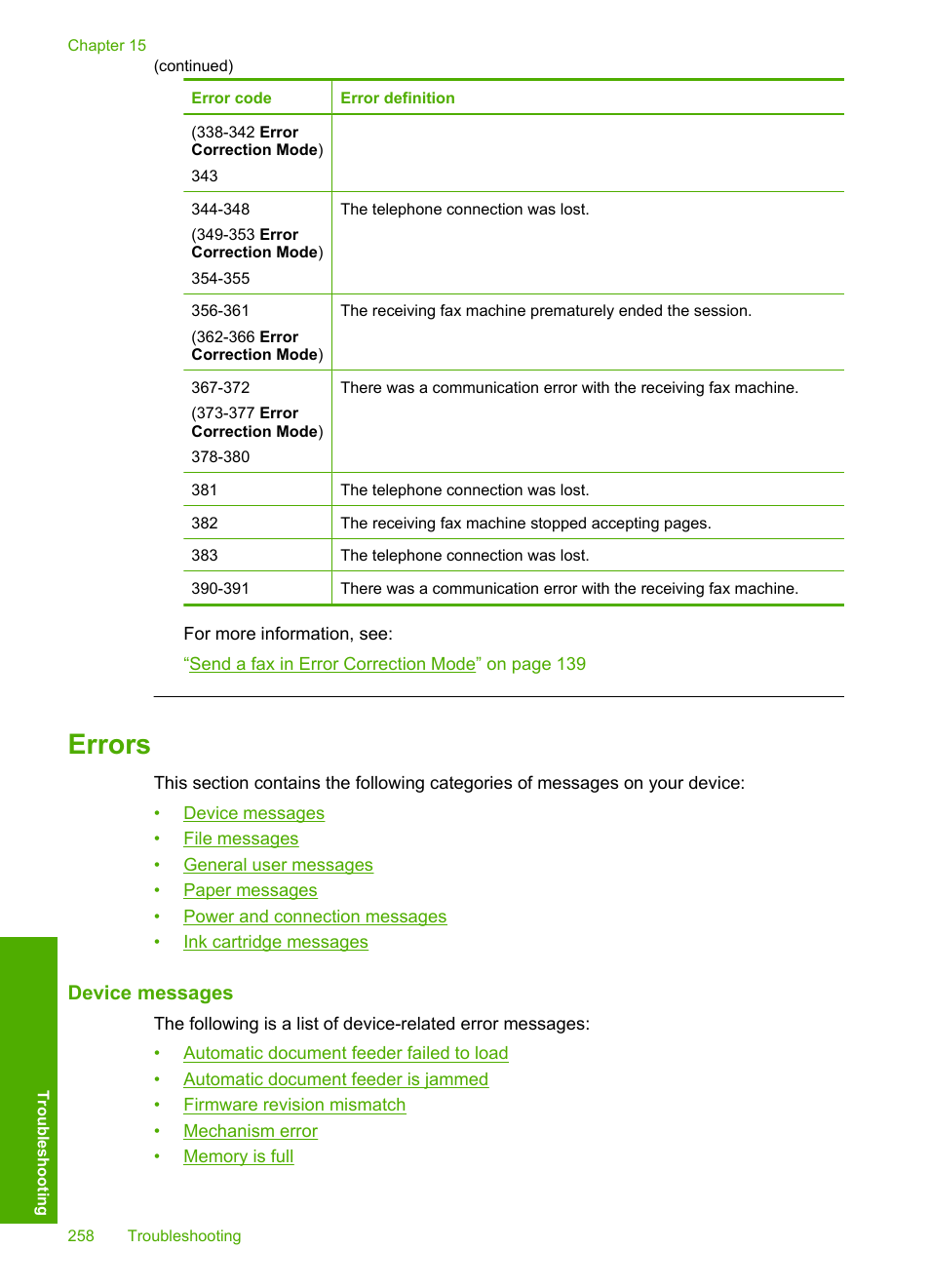 Errors, Device messages, Device messages file messages | Supported file types for the hp all-in-one | HP Photosmart C7200 Series User Manual | Page 259 / 309