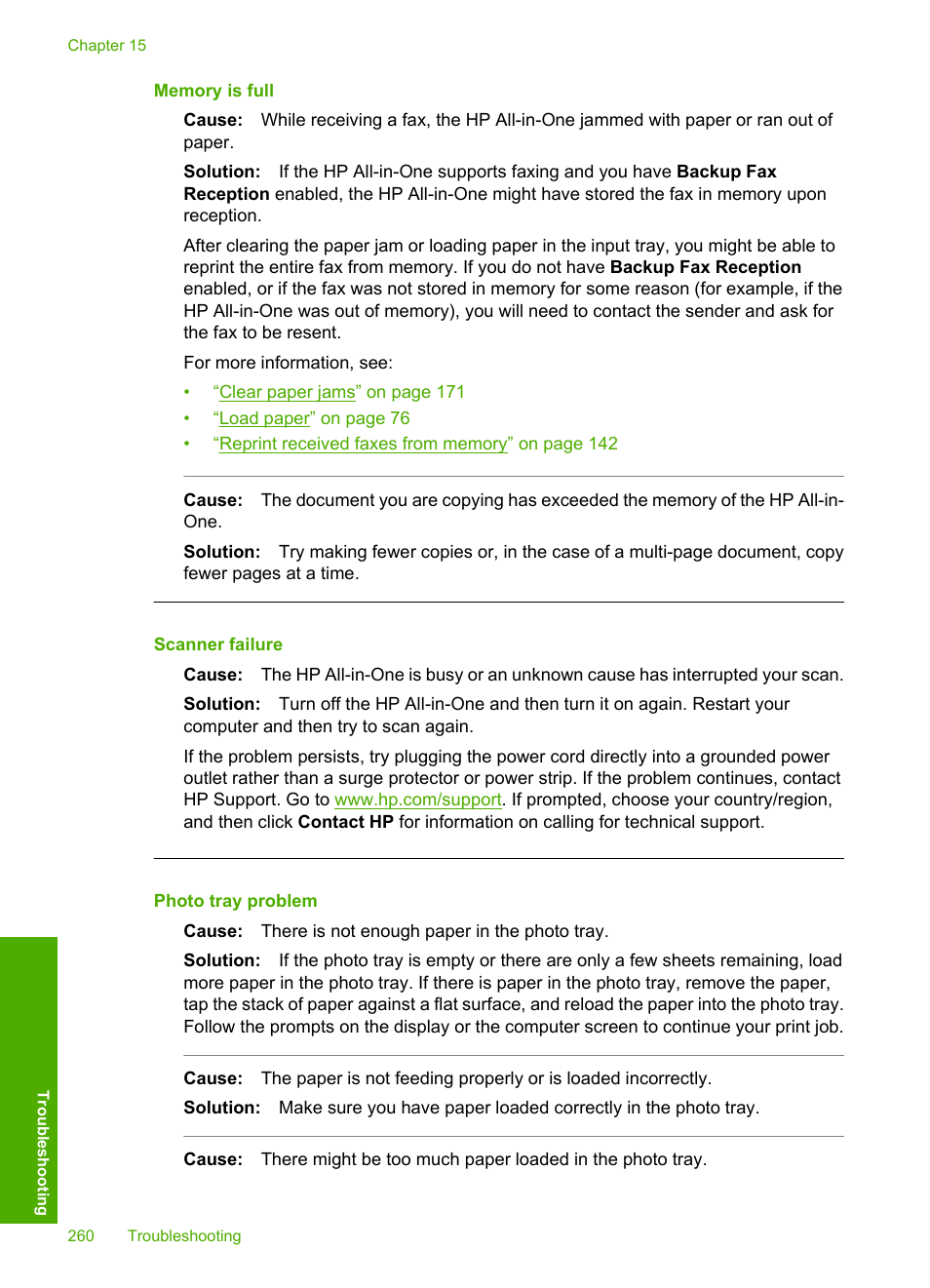 Memory is full, Scanner failure, Photo tray problem | HP Photosmart C7200 Series User Manual | Page 261 / 309