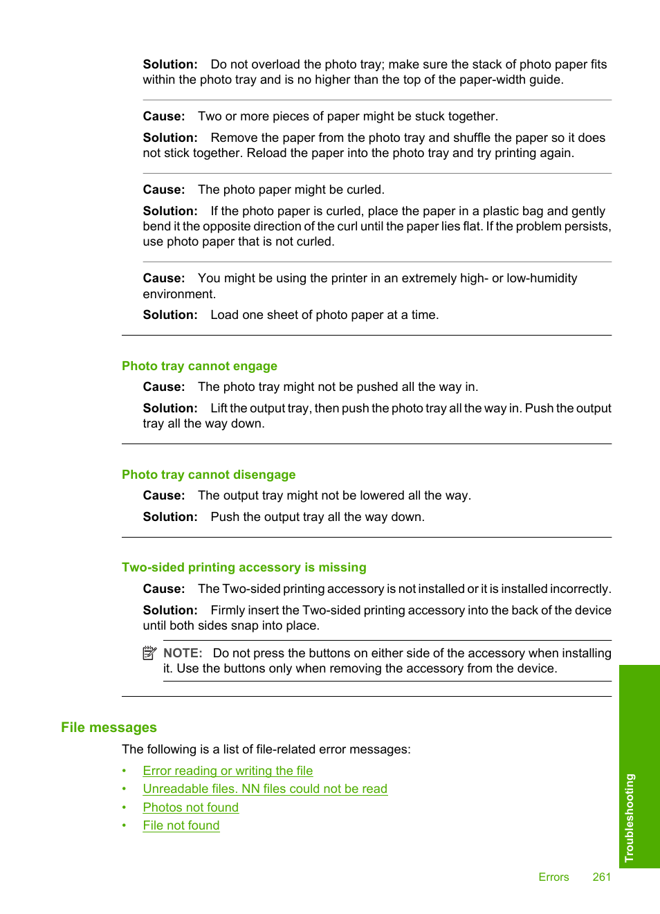 File messages, Photo tray cannot engage, Photo tray cannot disengage | Two-sided printing accessory is missing | HP Photosmart C7200 Series User Manual | Page 262 / 309