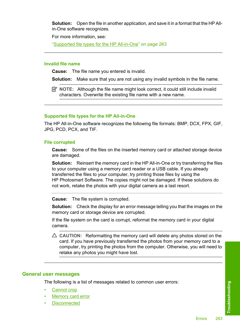 Supported file types for the hp all-in-one, General user messages, Invalid file name | File corrupted | HP Photosmart C7200 Series User Manual | Page 264 / 309