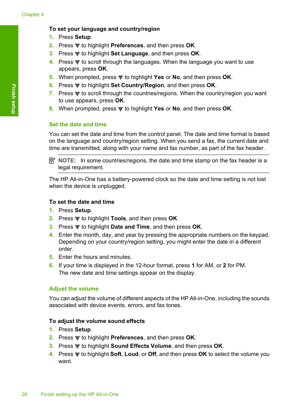 Set the date and time, Adjust the volume | HP Photosmart C7200 Series User Manual | Page 27 / 309