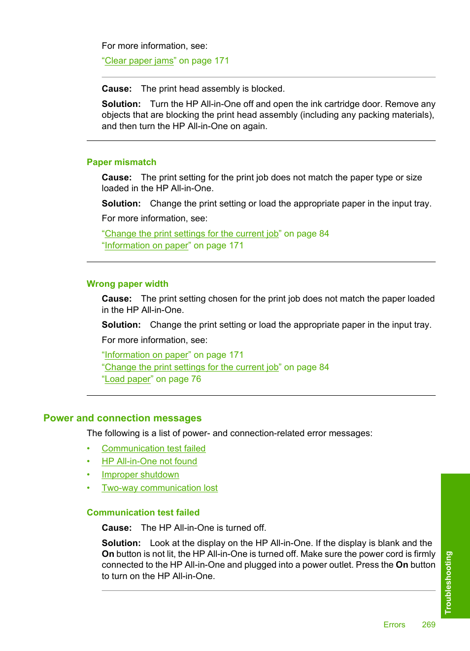 Power and connection messages, Paper mismatch, Wrong paper width | HP Photosmart C7200 Series User Manual | Page 270 / 309