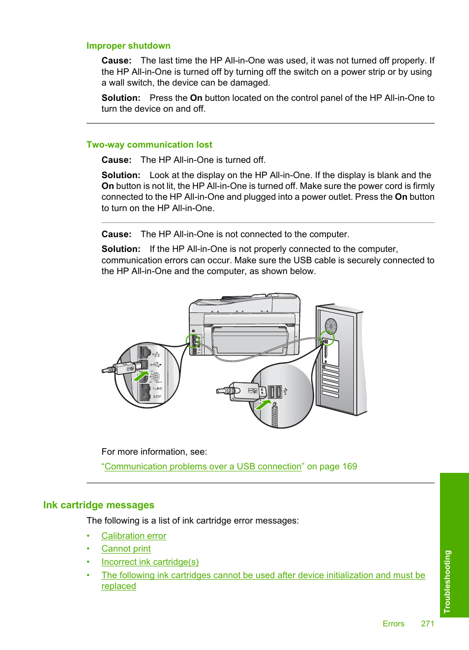Ink cartridge messages, Improper shutdown, Two-way communication lost | HP Photosmart C7200 Series User Manual | Page 272 / 309