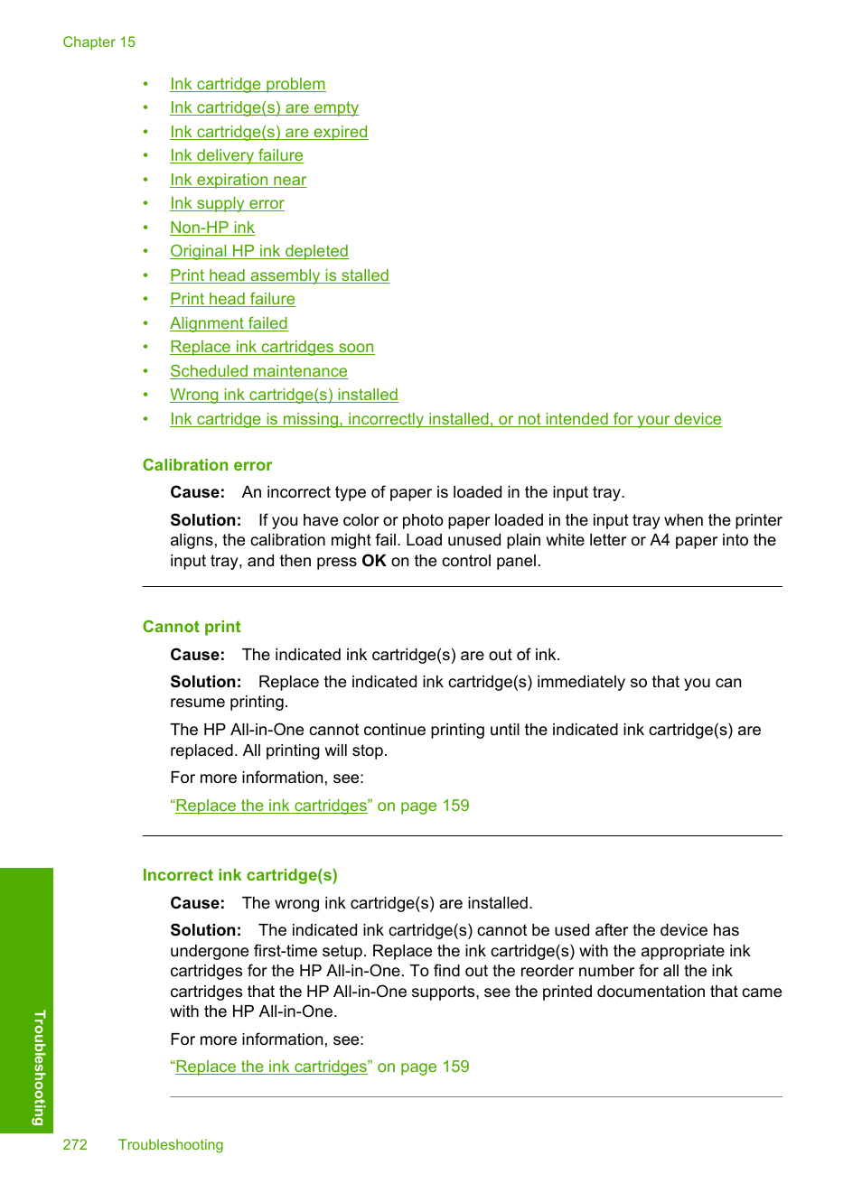Calibration error, Cannot print, Incorrect ink cartridge(s) | HP Photosmart C7200 Series User Manual | Page 273 / 309