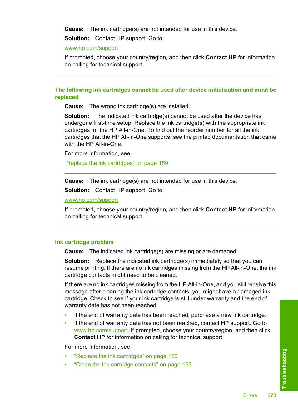 Ink cartridge problem | HP Photosmart C7200 Series User Manual | Page 274 / 309