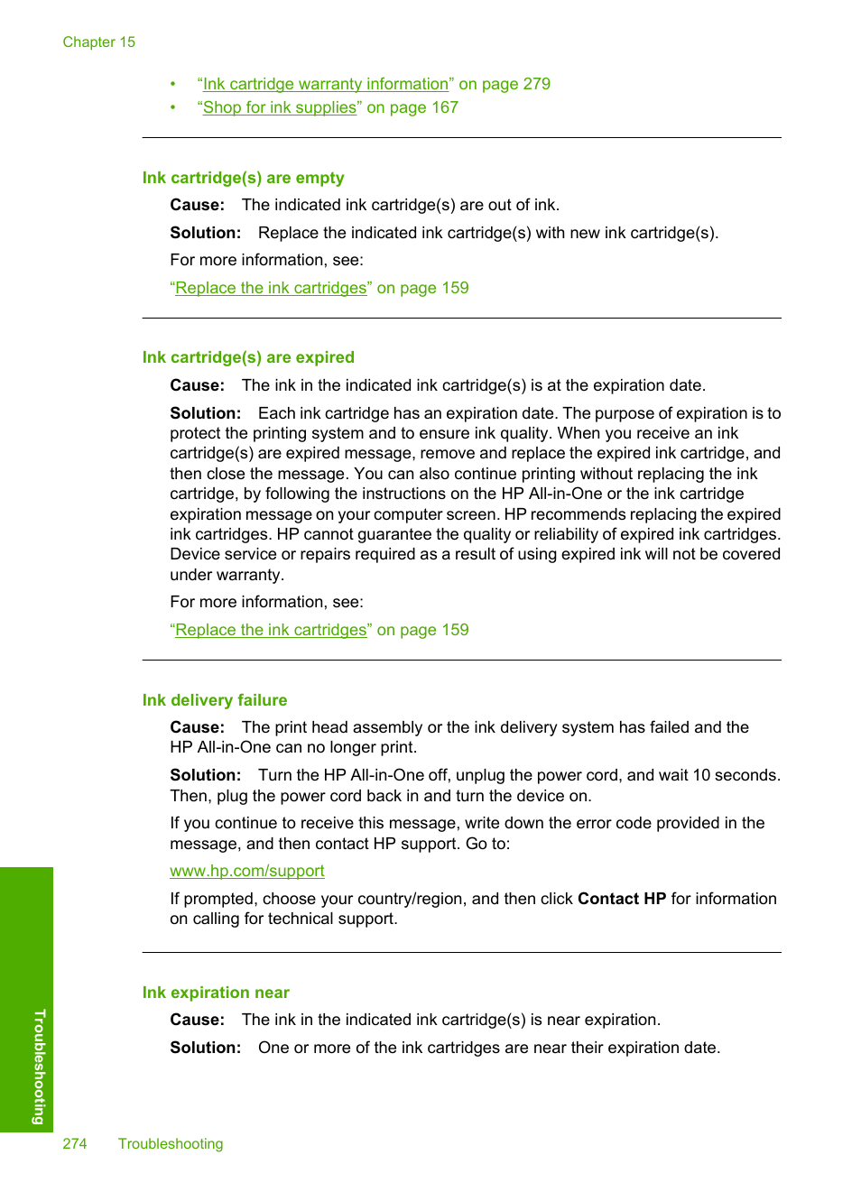 Ink cartridge(s) are empty, Ink cartridge(s) are expired, Ink delivery failure | Ink expiration near | HP Photosmart C7200 Series User Manual | Page 275 / 309
