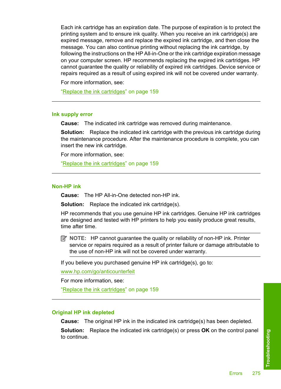 Ink supply error, Non-hp ink, Original hp ink depleted | HP Photosmart C7200 Series User Manual | Page 276 / 309