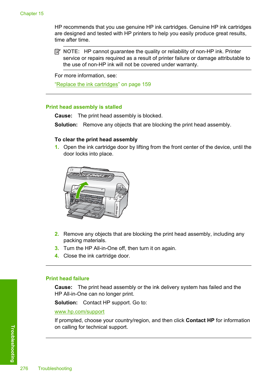 Print head assembly is stalled, Print head failure | HP Photosmart C7200 Series User Manual | Page 277 / 309
