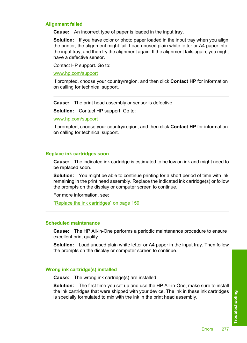 Alignment failed, Replace ink cartridges soon, Scheduled maintenance | Wrong ink cartridge(s) installed | HP Photosmart C7200 Series User Manual | Page 278 / 309