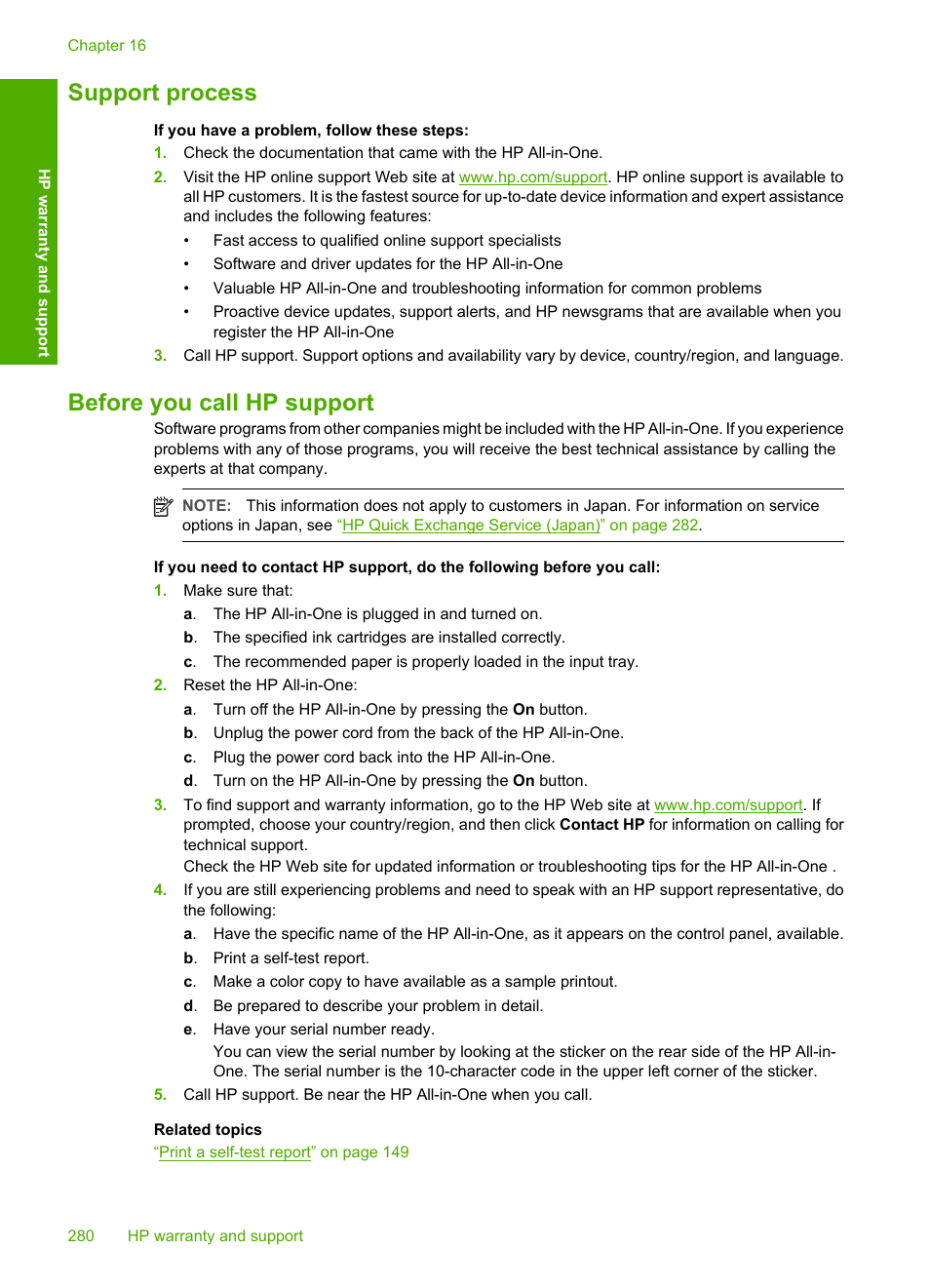 Support process, Before you call hp support, Support process before you call hp support | HP Photosmart C7200 Series User Manual | Page 281 / 309