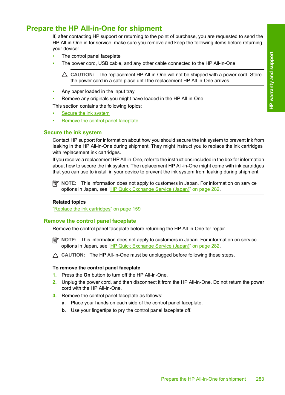Prepare the hp all-in-one for shipment, Secure the ink system, Remove the control panel faceplate | HP Photosmart C7200 Series User Manual | Page 284 / 309