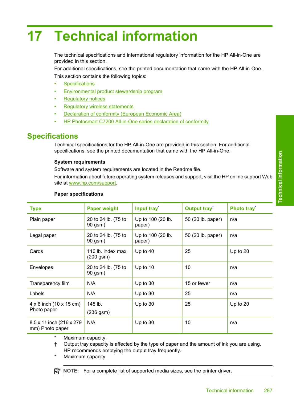 Technical information, Specifications, 17 technical information | Duplexer paper specifications | HP Photosmart C7200 Series User Manual | Page 288 / 309