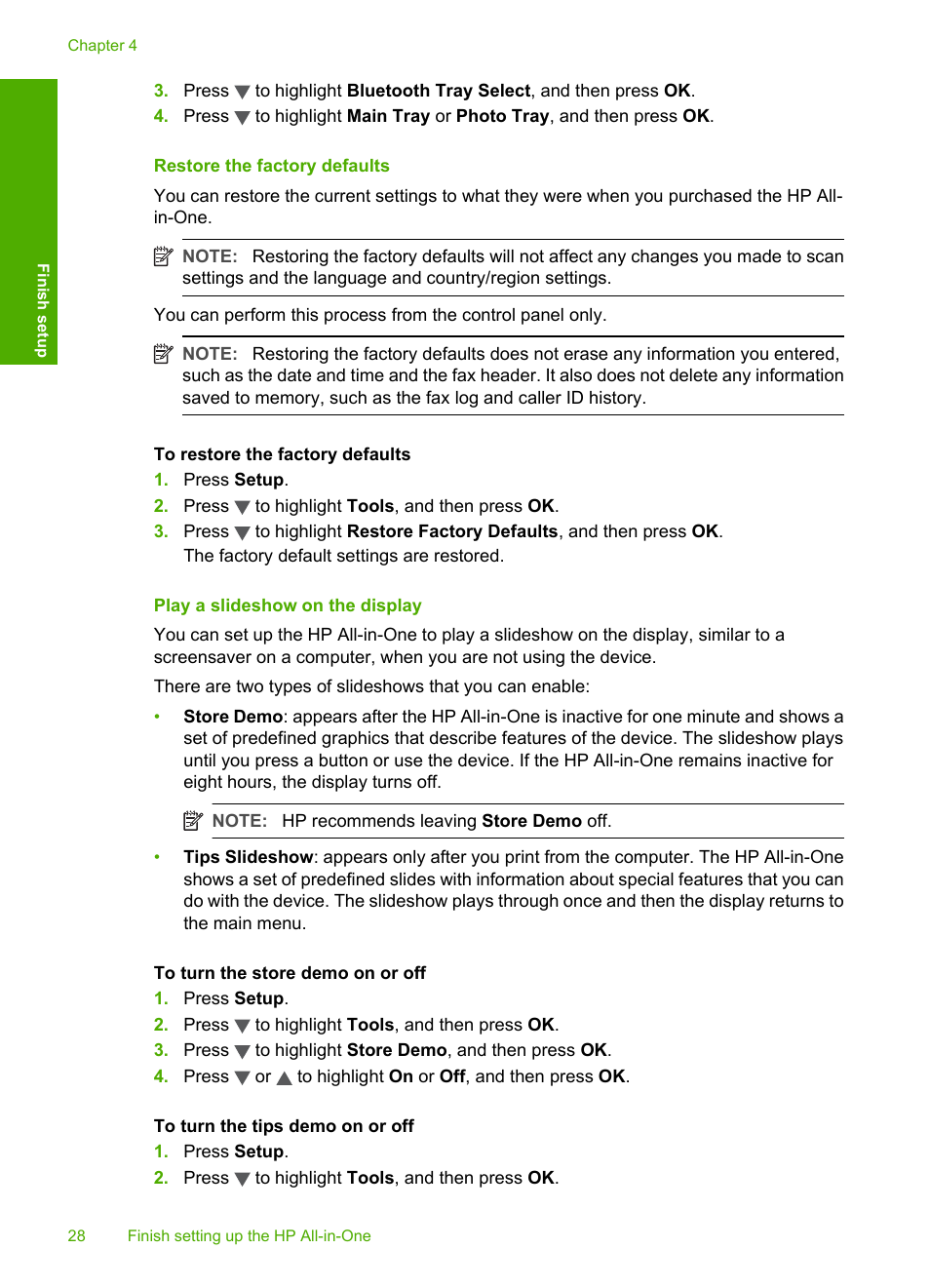 Restore the factory defaults, Play a slideshow on the display | HP Photosmart C7200 Series User Manual | Page 29 / 309