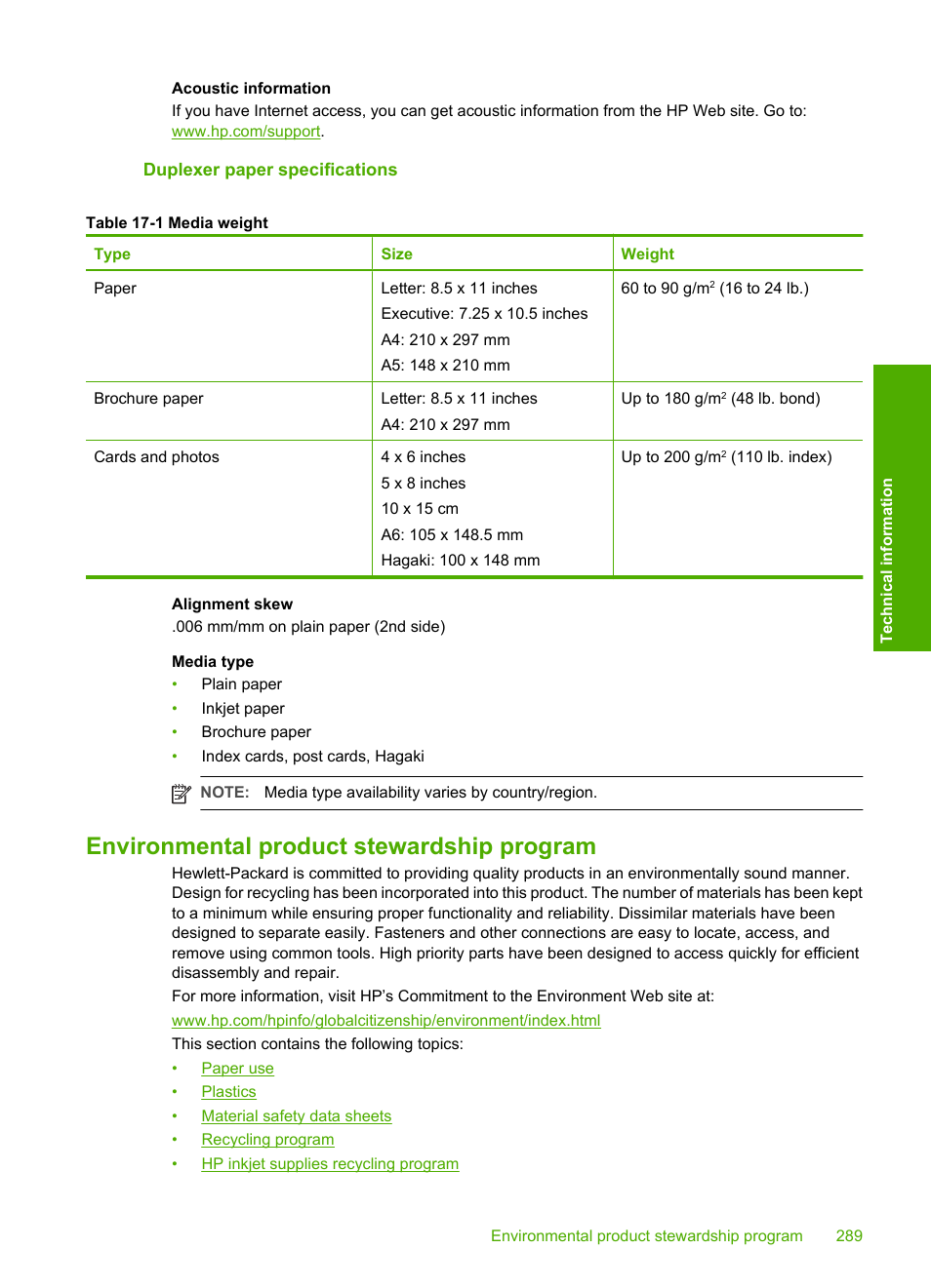 Duplexer paper specifications, Environmental product stewardship program | HP Photosmart C7200 Series User Manual | Page 290 / 309