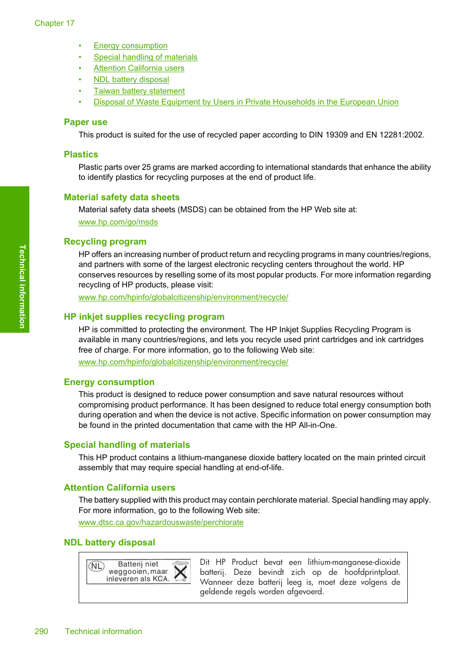 Paper use, Plastics, Material safety data sheets | Recycling program, Hp inkjet supplies recycling program, Energy consumption, Special handling of materials, Attention california users, Ndl battery disposal | HP Photosmart C7200 Series User Manual | Page 291 / 309