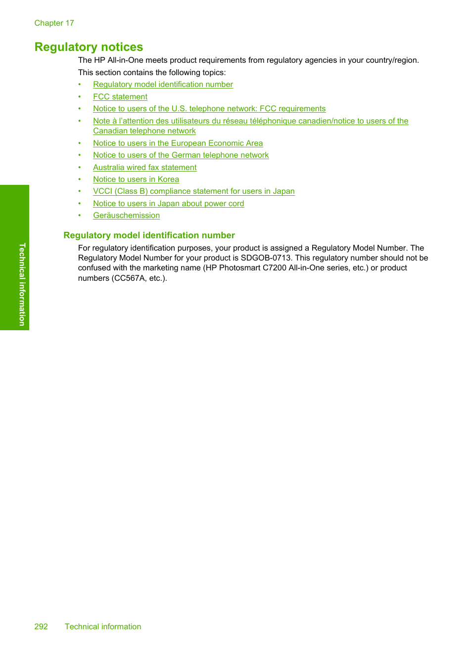 Regulatory notices, Regulatory model identification number | HP Photosmart C7200 Series User Manual | Page 293 / 309
