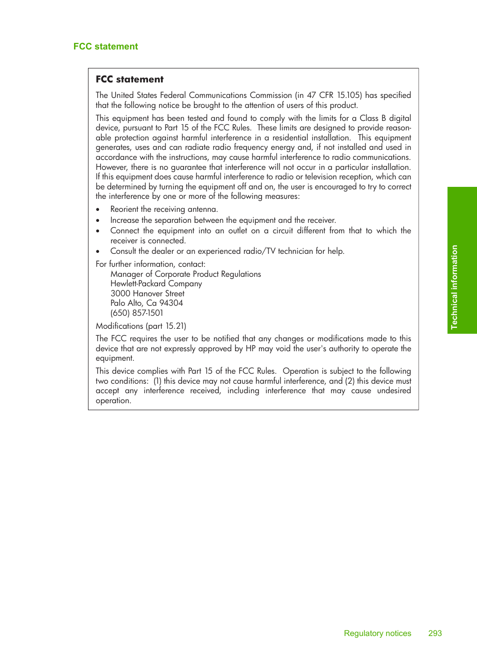 Fcc statement | HP Photosmart C7200 Series User Manual | Page 294 / 309