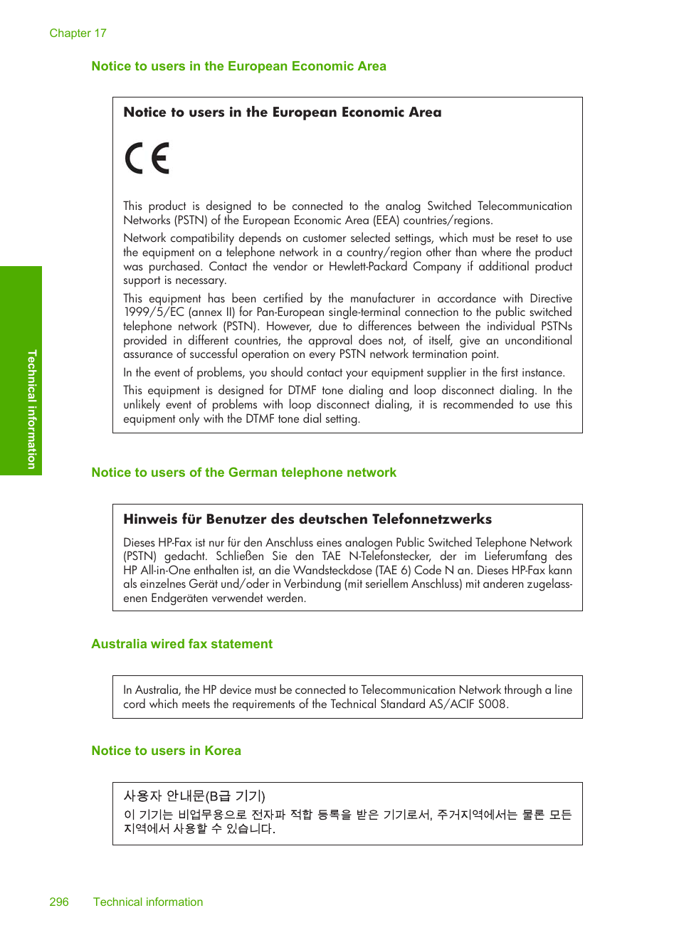Notice to users in the european economic area, Notice to users of the german telephone network, Australia wired fax statement | Notice to users in korea | HP Photosmart C7200 Series User Manual | Page 297 / 309