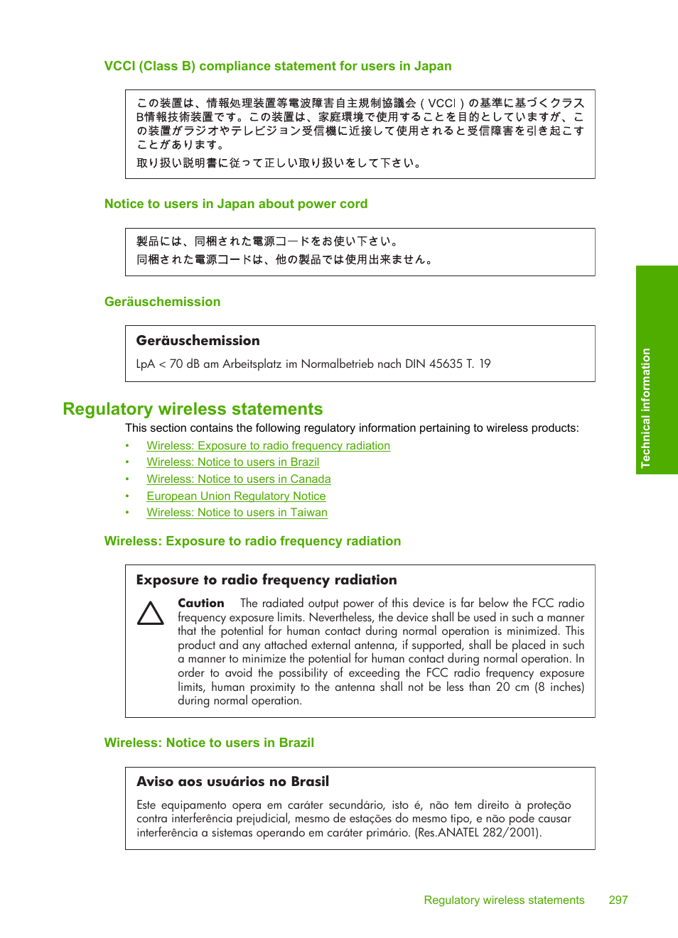 Notice to users in japan about power cord, Geräuschemission, Regulatory wireless statements | Wireless: exposure to radio frequency radiation, Wireless: notice to users in brazil | HP Photosmart C7200 Series User Manual | Page 298 / 309