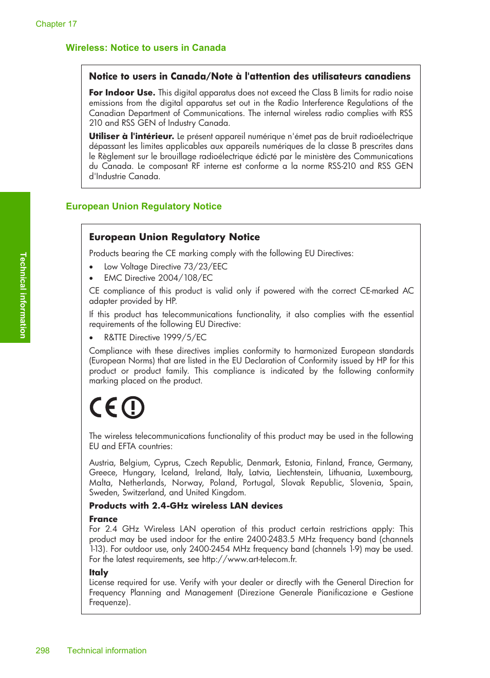 Wireless: notice to users in canada, European union regulatory notice | HP Photosmart C7200 Series User Manual | Page 299 / 309