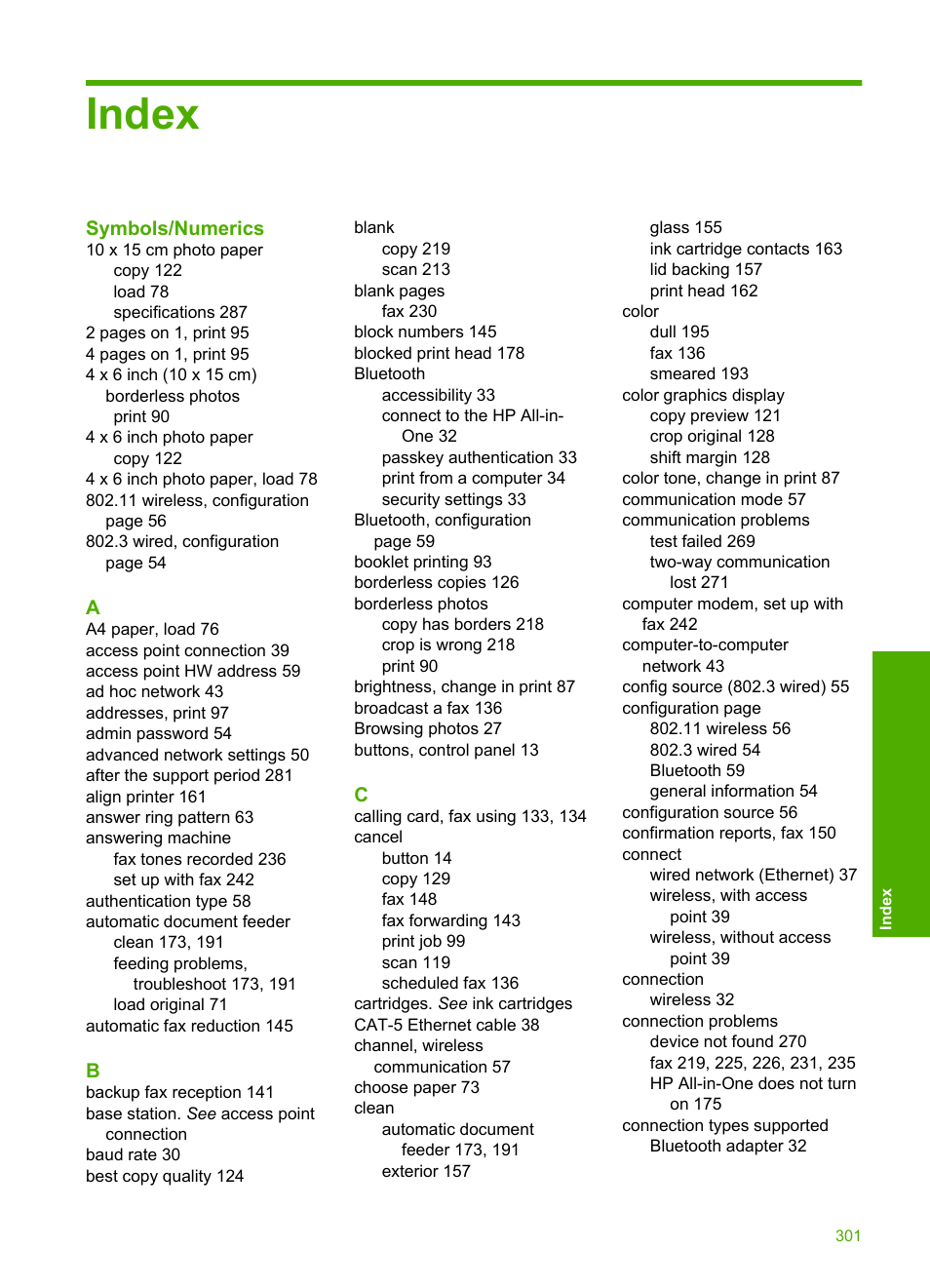 Index | HP Photosmart C7200 Series User Manual | Page 302 / 309