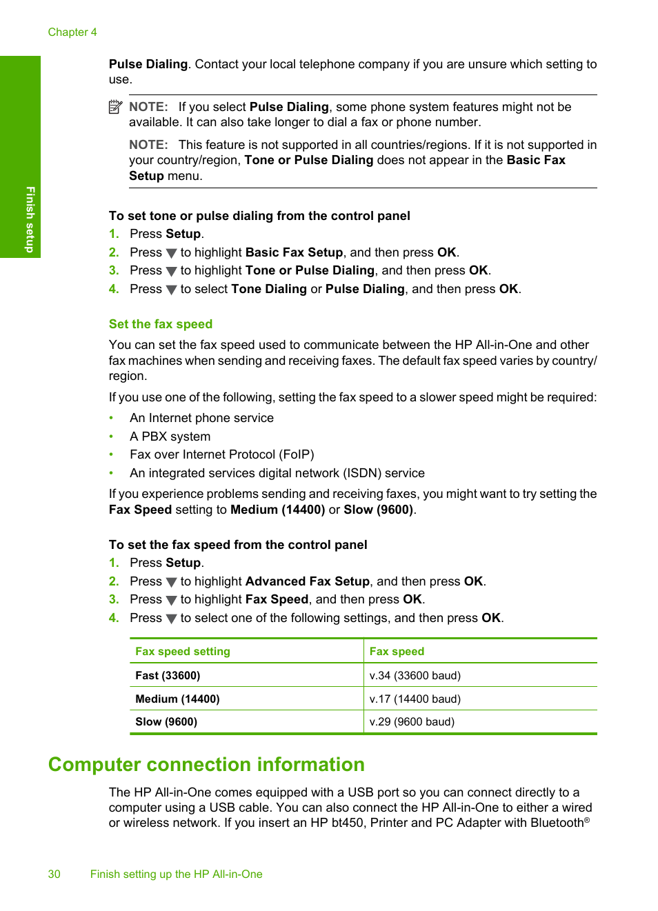 Set the fax speed, Computer connection information, Wireless | Technology, Connection to print from your computer, Use printer sharing | HP Photosmart C7200 Series User Manual | Page 31 / 309