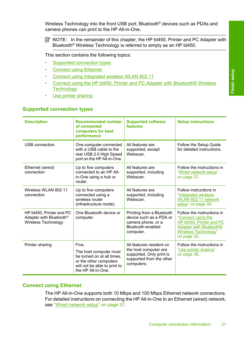 Supported connection types, Connect using ethernet | HP Photosmart C7200 Series User Manual | Page 32 / 309