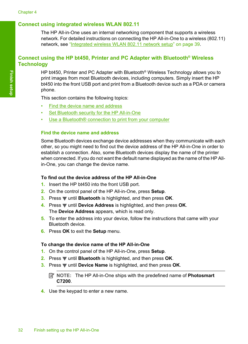 Connect using integrated wireless wlan 802.11, Find the device name and address | HP Photosmart C7200 Series User Manual | Page 33 / 309