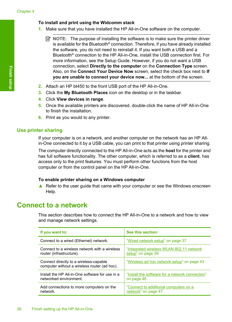 Use printer sharing, Connect to a network, Wired network setup | Integrated wireless wlan 802.11 network setup, Wireless ad hoc network setup, Network glossary | HP Photosmart C7200 Series User Manual | Page 37 / 309